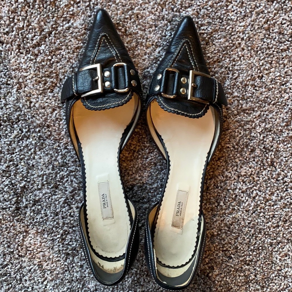 Prada Black Leather Pointed Toe D'Orsay Kitten Heels Size 37.5